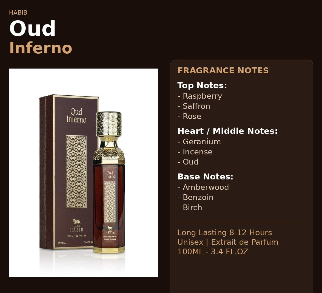 Habib Perfumes Oud Inferno Extrait De Parfum 100ml – Long Lasting Arabic Oud Perfume for Men & Women